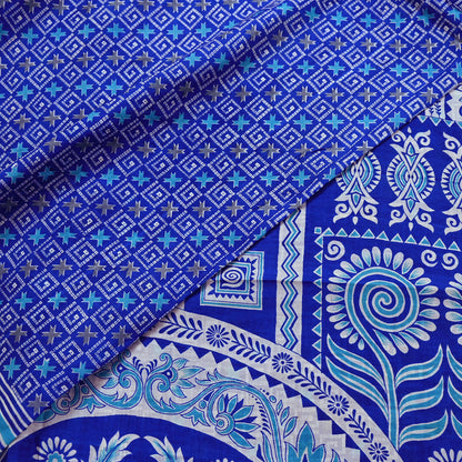 Vintage Blue Pure Silk Saree Indian Printed Floral Silk Fabric 5 Yard Soft Sewing Material for Dressmaking, Quilting & Crafts