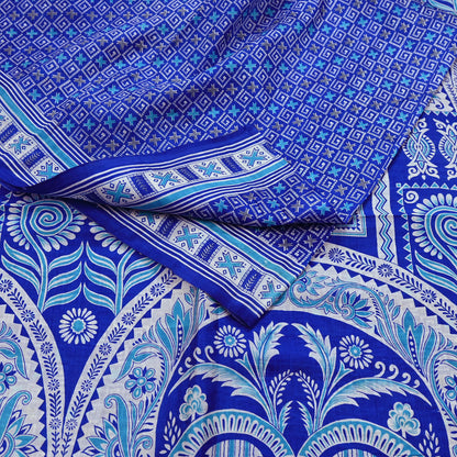 Vintage Blue Pure Silk Saree Indian Printed Floral Silk Fabric 5 Yard Soft Sewing Material for Dressmaking, Quilting & Crafts