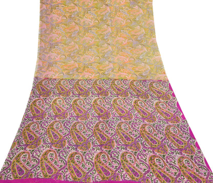 Vintage Pink Green Printed Saree Indian Artificial Silk Fabric 6 Yard Soft Sewing Material for Dressmaking, Quilting & Crafts