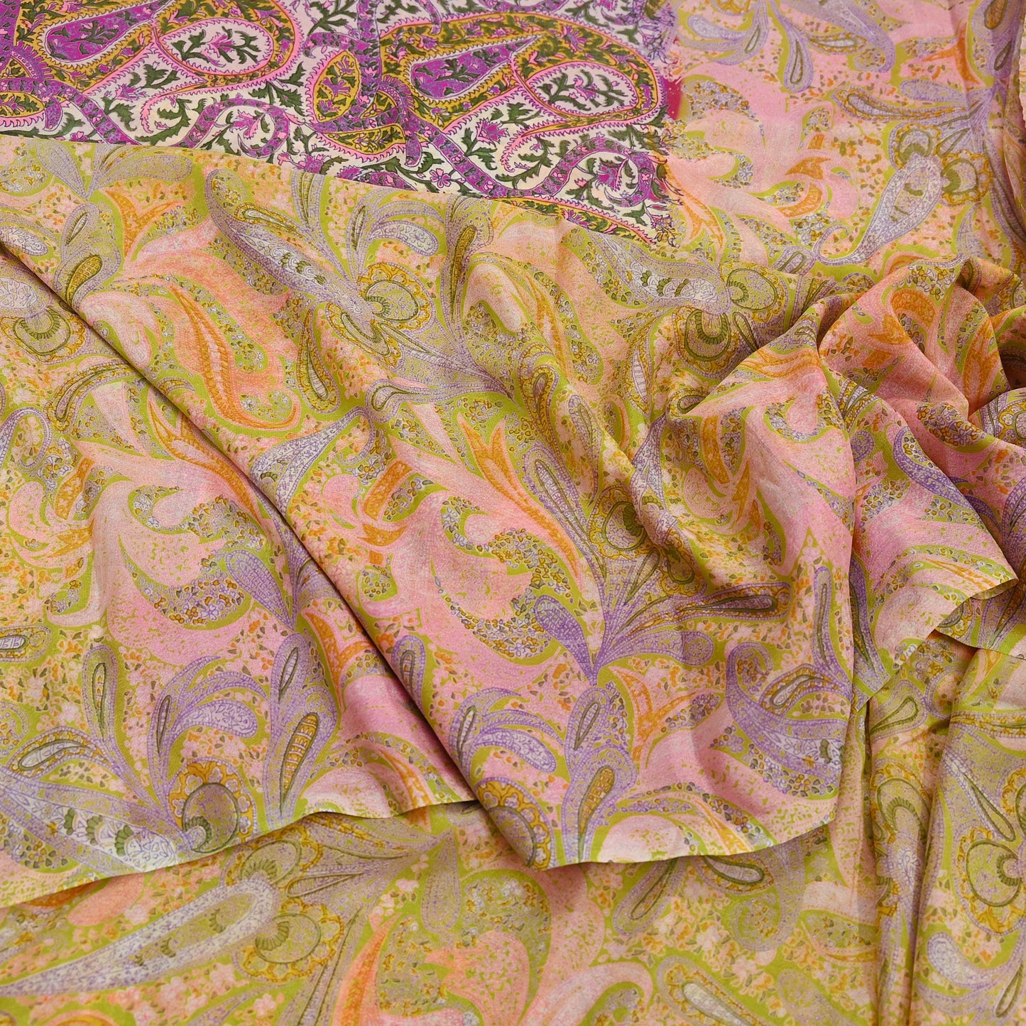 Vintage Pink Green Printed Saree Indian Artificial Silk Fabric 6 Yard Soft Sewing Material for Dressmaking, Quilting & Crafts