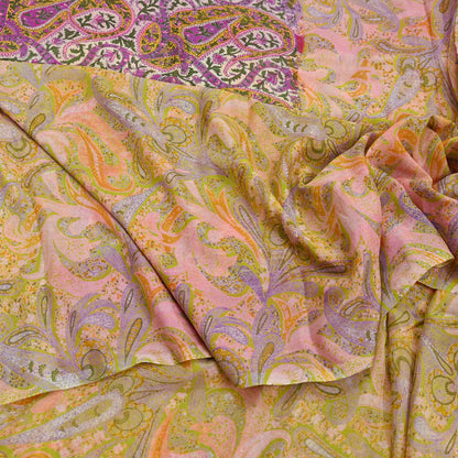 Vintage Pink Green Printed Saree Indian Artificial Silk Fabric 6 Yard Soft Sewing Material for Dressmaking, Quilting & Crafts