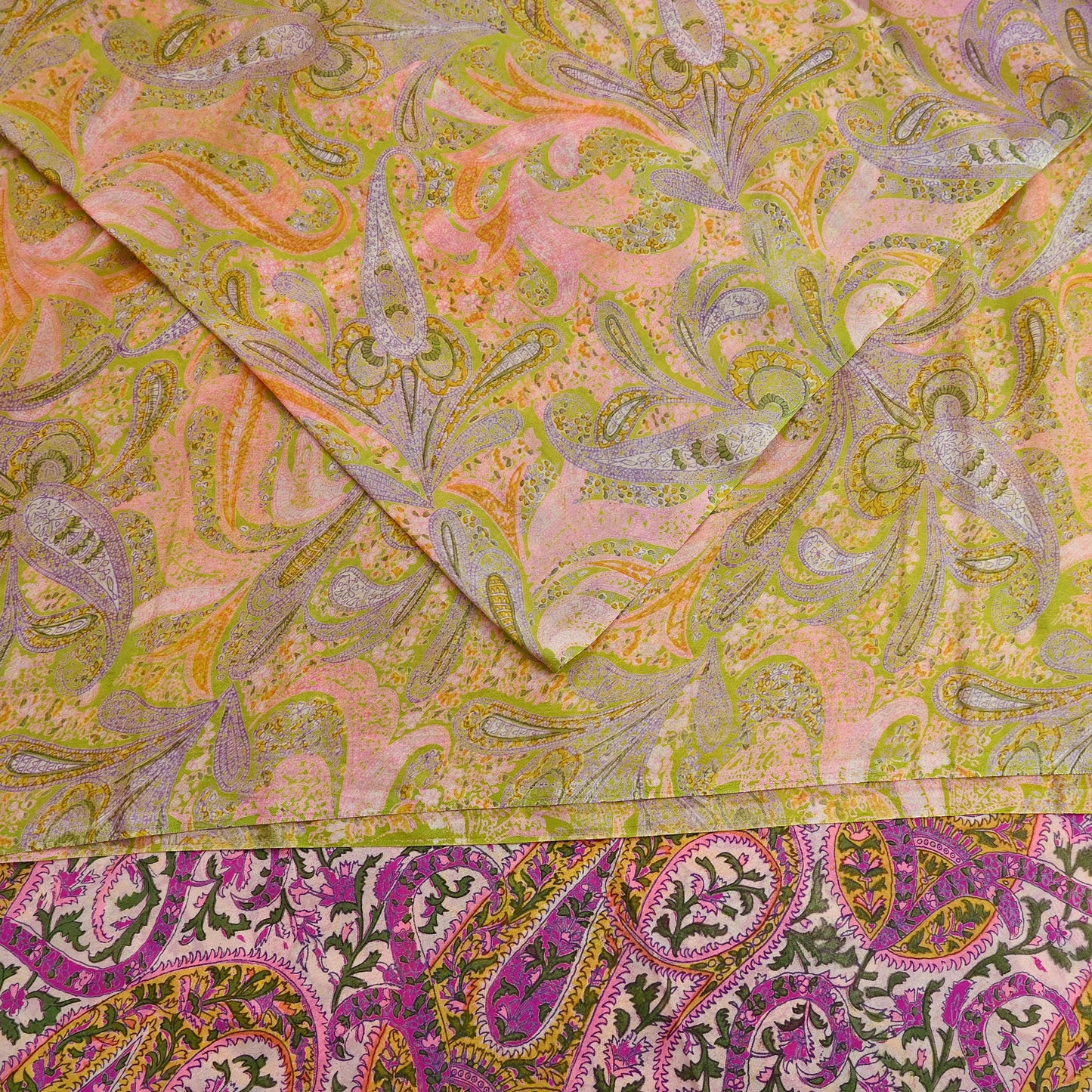 Vintage Pink Green Printed Saree Indian Artificial Silk Fabric 6 Yard Soft Sewing Material for Dressmaking, Quilting & Crafts