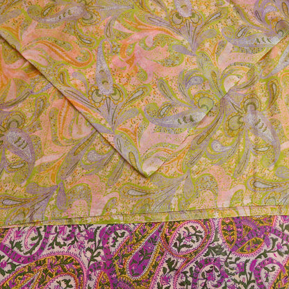 Vintage Pink Green Printed Saree Indian Artificial Silk Fabric 6 Yard Soft Sewing Material for Dressmaking, Quilting & Crafts