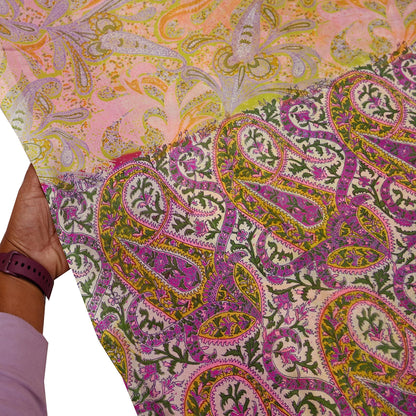 Vintage Pink Green Printed Saree Indian Artificial Silk Fabric 6 Yard Soft Sewing Material for Dressmaking, Quilting & Crafts