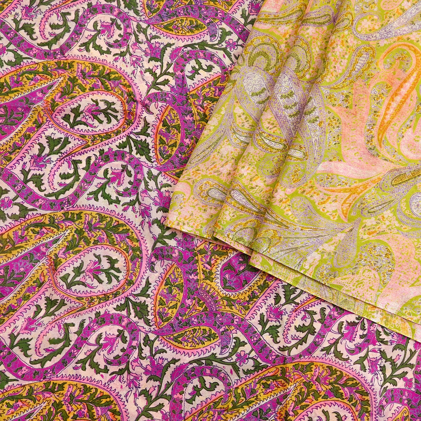 Vintage Pink Green Printed Saree Indian Artificial Silk Fabric 6 Yard Soft Sewing Material for Dressmaking, Quilting & Crafts