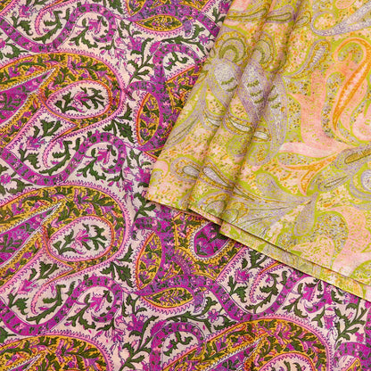 Vintage Pink Green Printed Saree Indian Artificial Silk Fabric 6 Yard Soft Sewing Material for Dressmaking, Quilting & Crafts