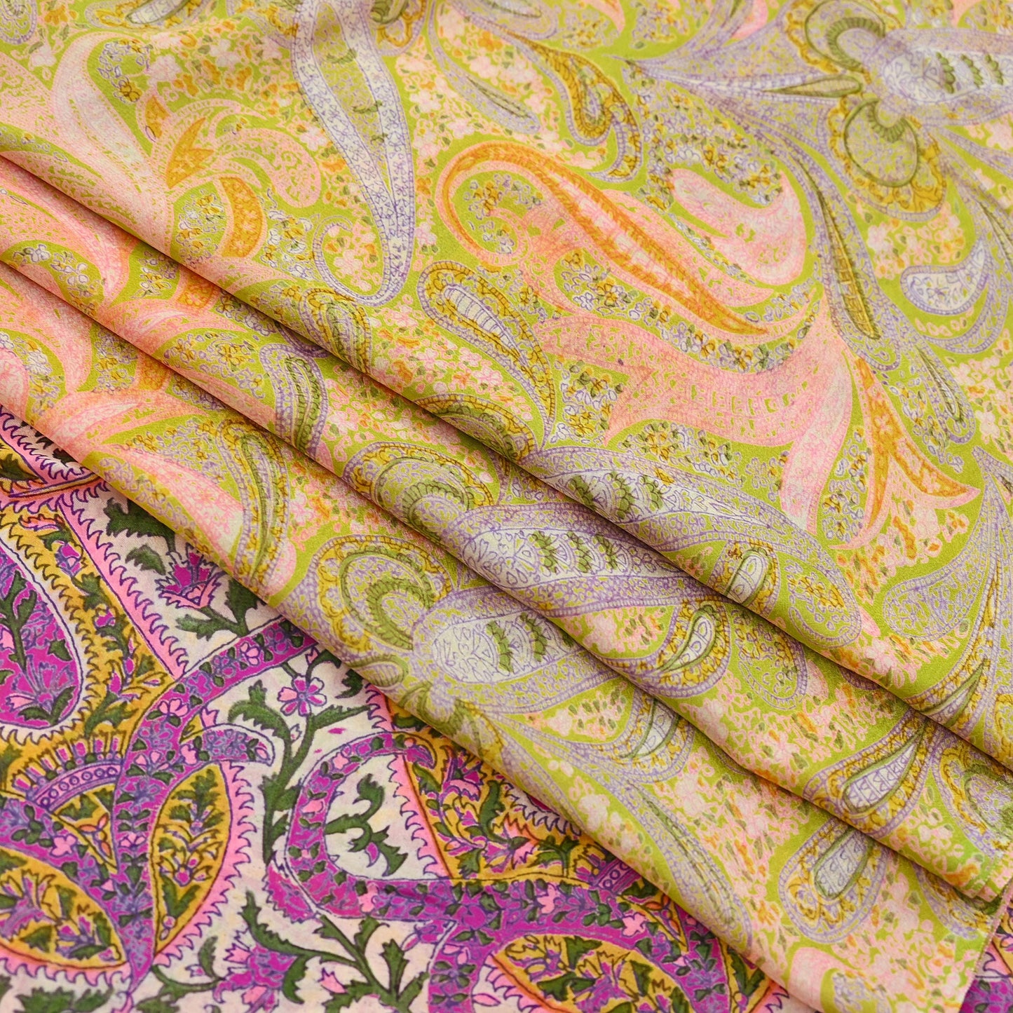 Vintage Pink Green Printed Saree Indian Artificial Silk Fabric 6 Yard Soft Sewing Material for Dressmaking, Quilting & Crafts