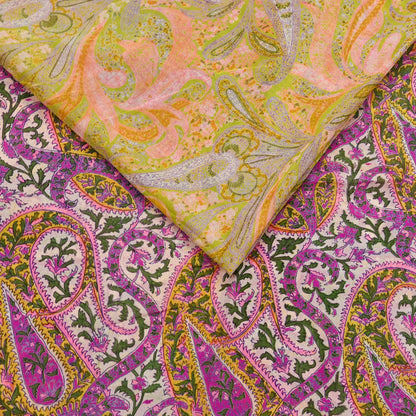 Vintage Pink Green Printed Saree Indian Artificial Silk Fabric 6 Yard Soft Sewing Material for Dressmaking, Quilting & Crafts
