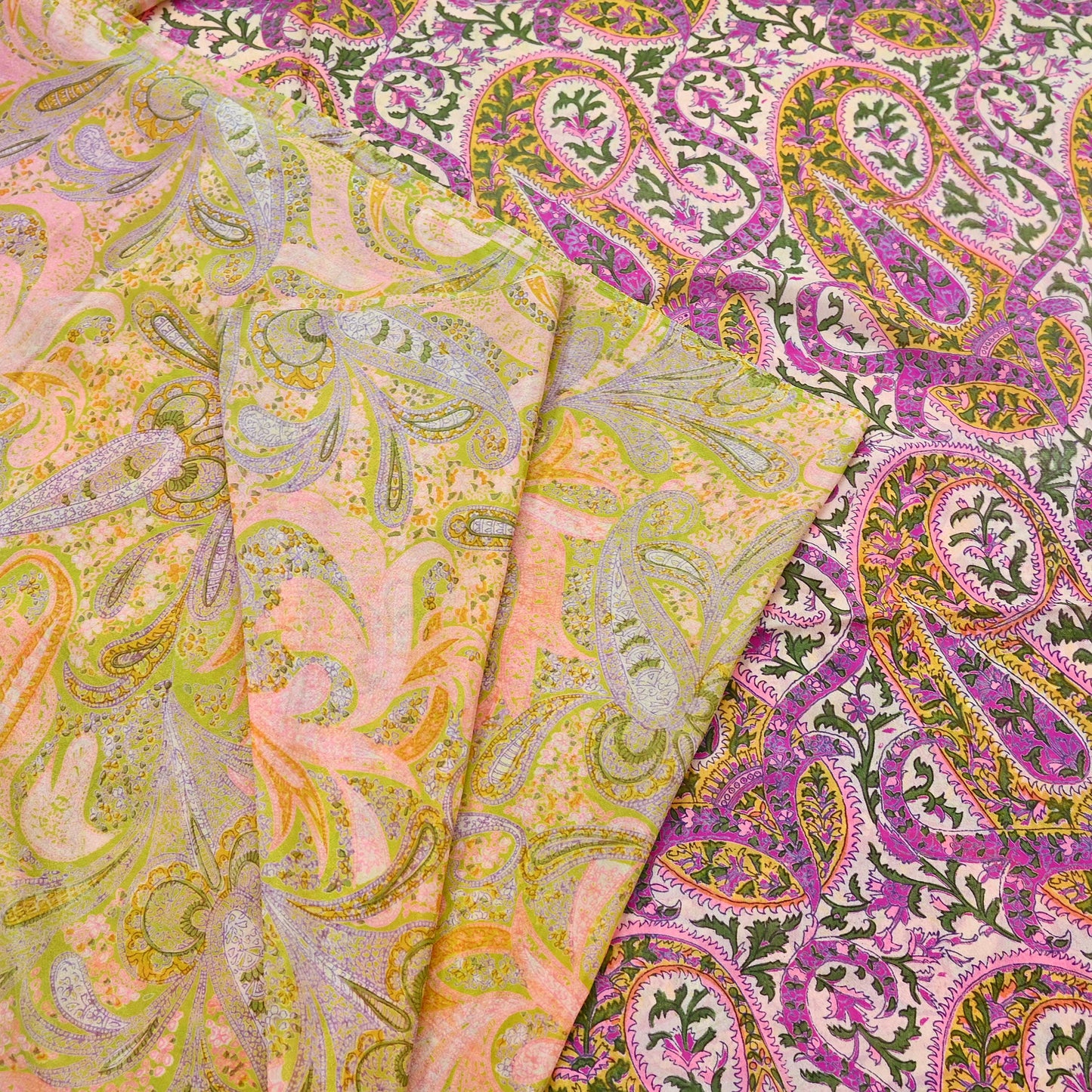 Vintage Pink Green Printed Saree Indian Artificial Silk Fabric 6 Yard Soft Sewing Material for Dressmaking, Quilting & Crafts