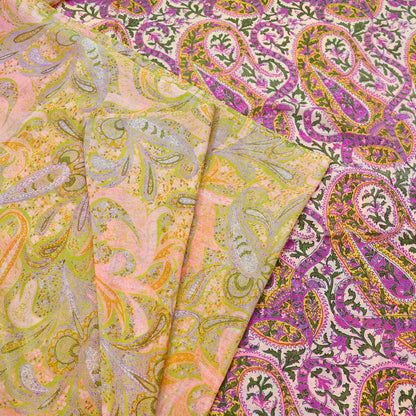 Vintage Pink Green Printed Saree Indian Artificial Silk Fabric 6 Yard Soft Sewing Material for Dressmaking, Quilting & Crafts
