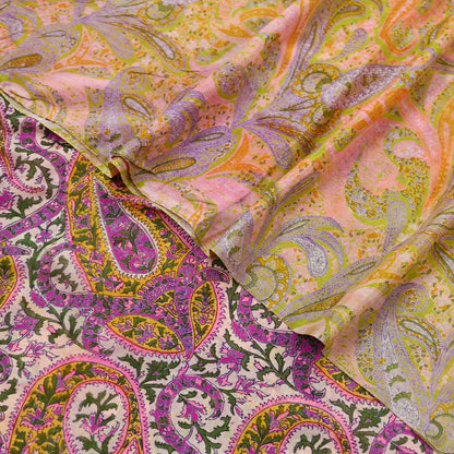 Vintage Pink Green Printed Saree Indian Artificial Silk Fabric 6 Yard Soft Sewing Material for Dressmaking, Quilting & Crafts
