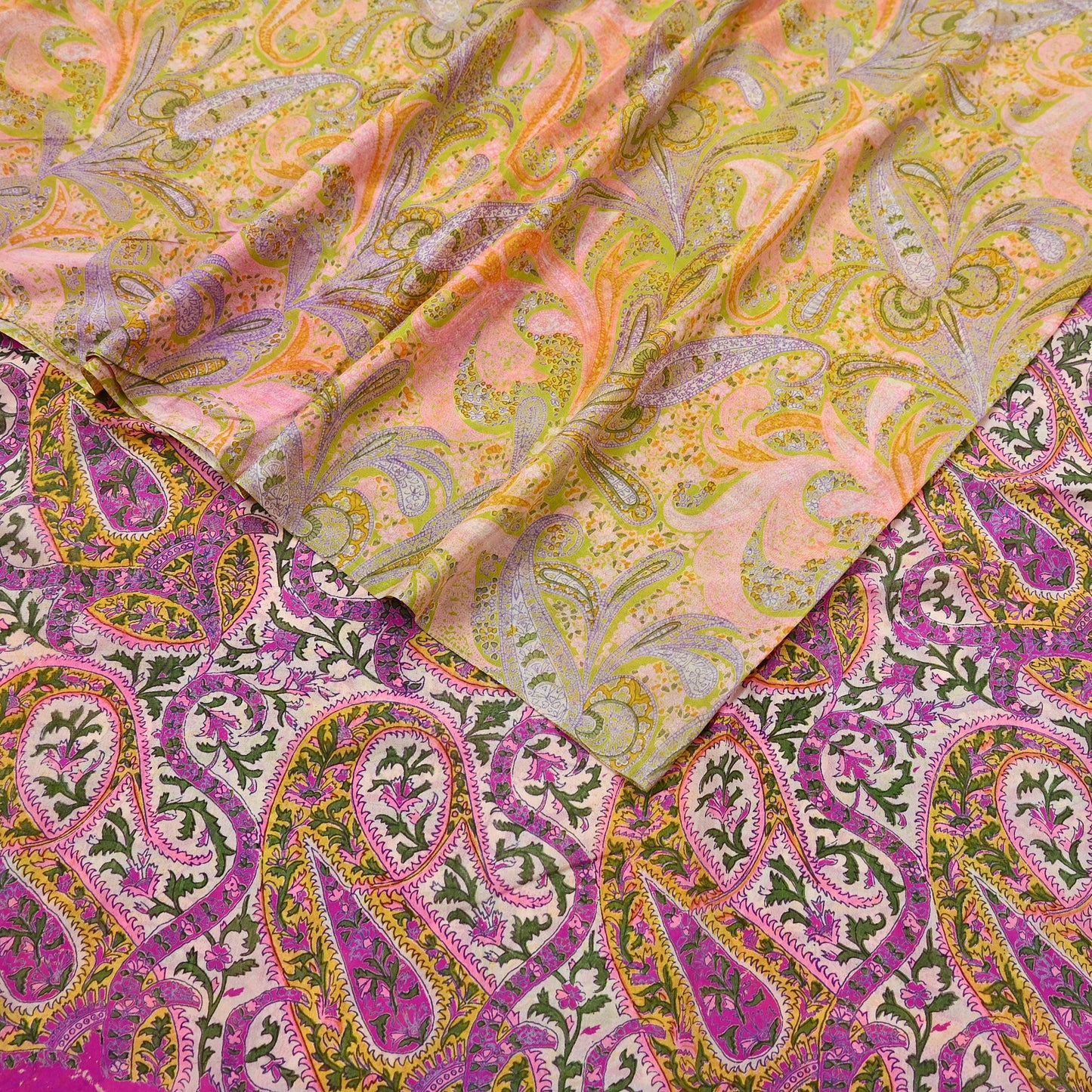 Vintage Pink Green Printed Saree Indian Artificial Silk Fabric 6 Yard Soft Sewing Material for Dressmaking, Quilting & Crafts