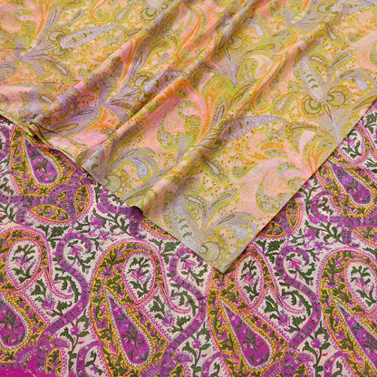 Vintage Pink Green Printed Saree Indian Artificial Silk Fabric 6 Yard Soft Sewing Material for Dressmaking, Quilting & Crafts