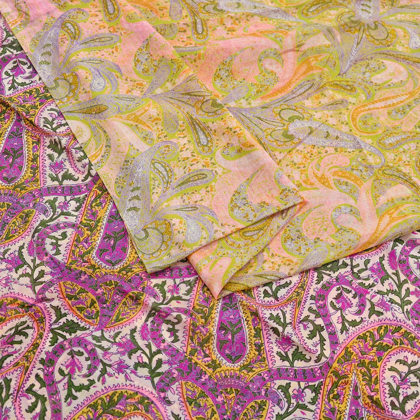 Vintage Pink Green Printed Saree Indian Artificial Silk Fabric 6 Yard Soft Sewing Material for Dressmaking, Quilting & Crafts