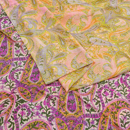 Vintage Pink Green Printed Saree Indian Artificial Silk Fabric 6 Yard Soft Sewing Material for Dressmaking, Quilting & Crafts