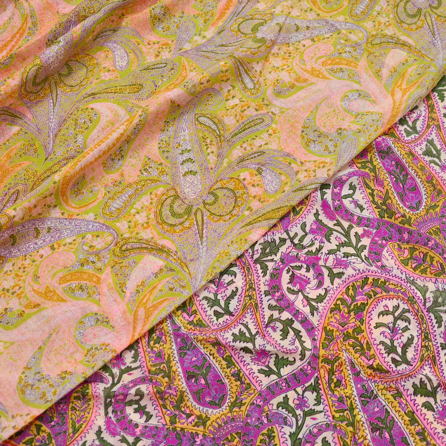 Vintage Pink Green Printed Saree Indian Artificial Silk Fabric 6 Yard Soft Sewing Material for Dressmaking, Quilting & Crafts