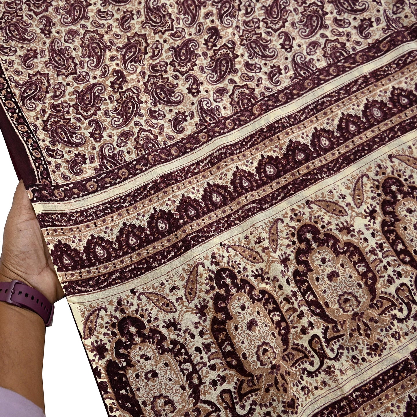 Vintage Brown Beige Pure Silk Saree Indian Paisley Printed Silk Fabric 6 Yard Soft Sewing Material for Dressmaking, Quilting & Crafts