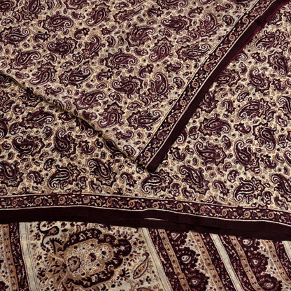Vintage Brown Beige Pure Silk Saree Indian Paisley Printed Silk Fabric 6 Yard Soft Sewing Material for Dressmaking, Quilting & Crafts