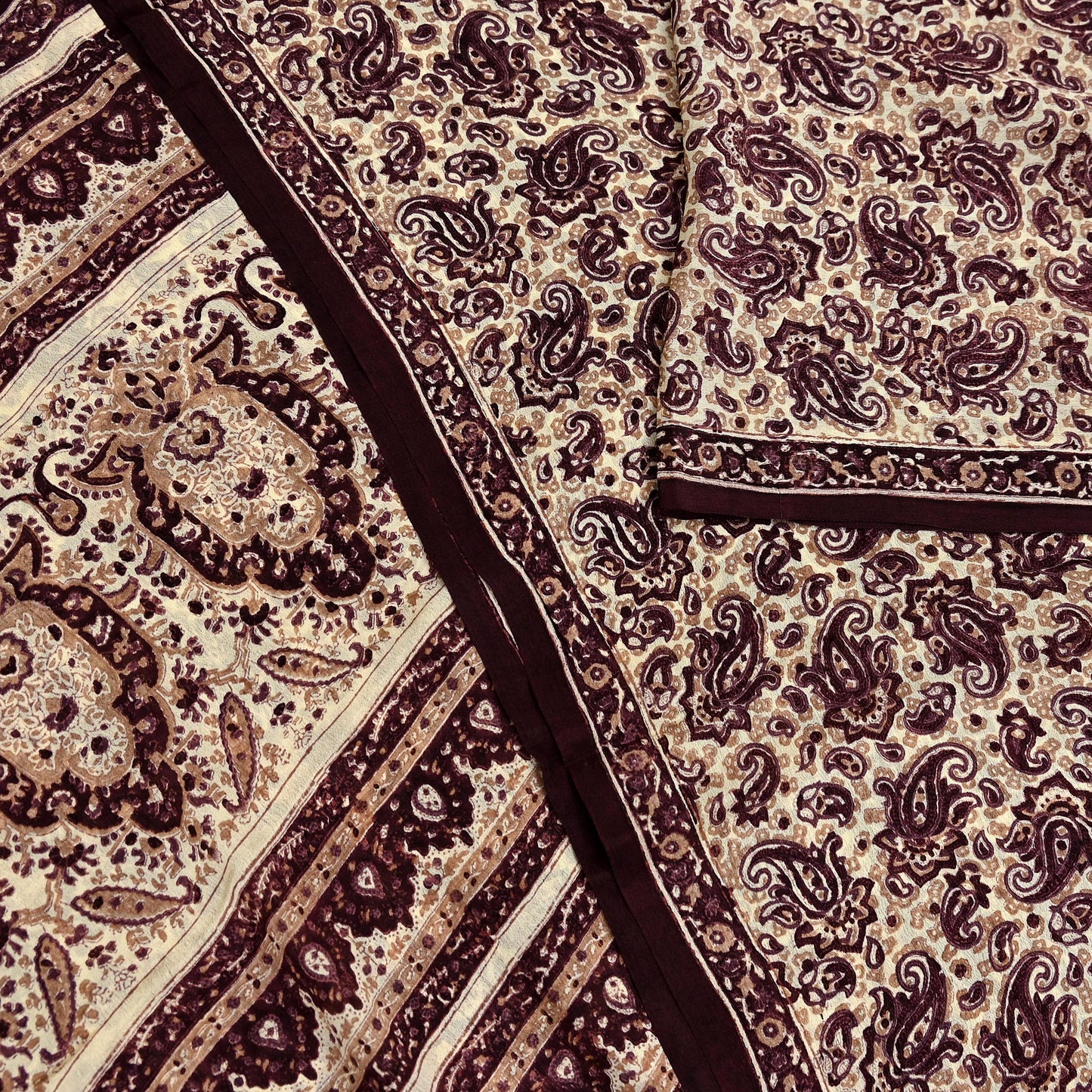 Vintage Brown Beige Pure Silk Saree Indian Paisley Printed Silk Fabric 6 Yard Soft Sewing Material for Dressmaking, Quilting & Crafts