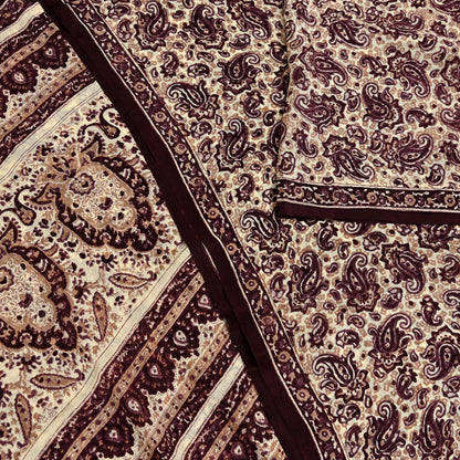 Vintage Brown Beige Pure Silk Saree Indian Paisley Printed Silk Fabric 6 Yard Soft Sewing Material for Dressmaking, Quilting & Crafts