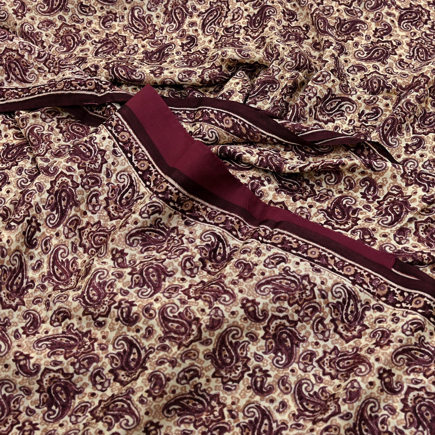 Vintage Brown Beige Pure Silk Saree Indian Paisley Printed Silk Fabric 6 Yard Soft Sewing Material for Dressmaking, Quilting & Crafts