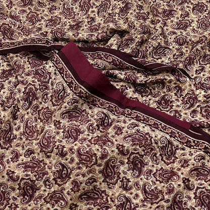 Vintage Brown Beige Pure Silk Saree Indian Paisley Printed Silk Fabric 6 Yard Soft Sewing Material for Dressmaking, Quilting & Crafts