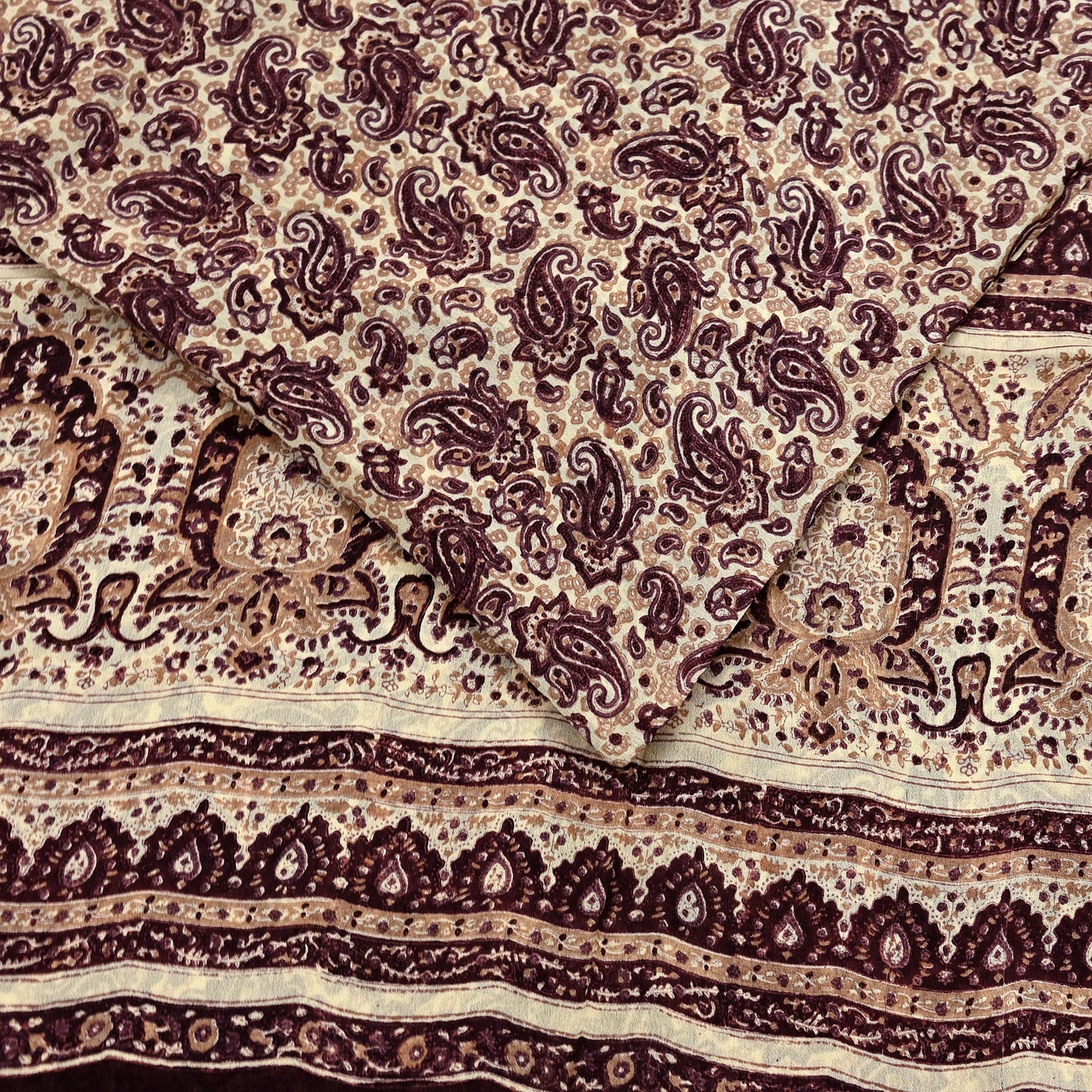 Vintage Brown Beige Pure Silk Saree Indian Paisley Printed Silk Fabric 6 Yard Soft Sewing Material for Dressmaking, Quilting & Crafts