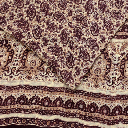 Vintage Brown Beige Pure Silk Saree Indian Paisley Printed Silk Fabric 6 Yard Soft Sewing Material for Dressmaking, Quilting & Crafts