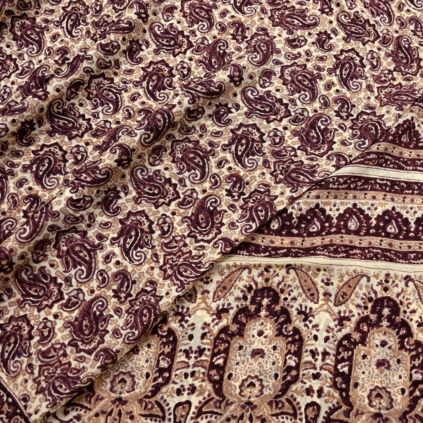 Vintage Brown Beige Pure Silk Saree Indian Paisley Printed Silk Fabric 6 Yard Soft Sewing Material for Dressmaking, Quilting & Crafts