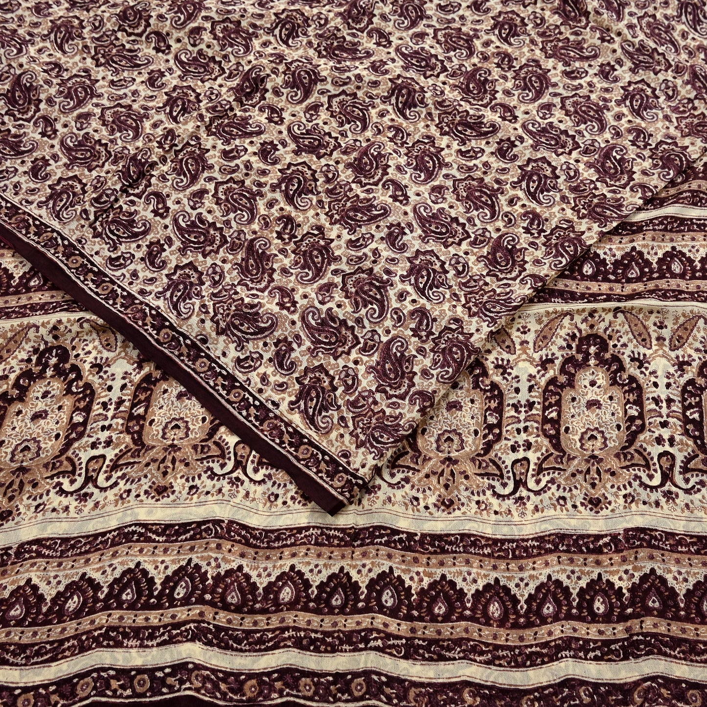 Vintage Brown Beige Pure Silk Saree Indian Paisley Printed Silk Fabric 6 Yard Soft Sewing Material for Dressmaking, Quilting & Crafts
