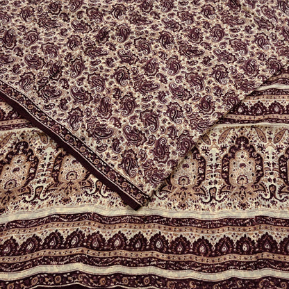 Vintage Brown Beige Pure Silk Saree Indian Paisley Printed Silk Fabric 6 Yard Soft Sewing Material for Dressmaking, Quilting & Crafts