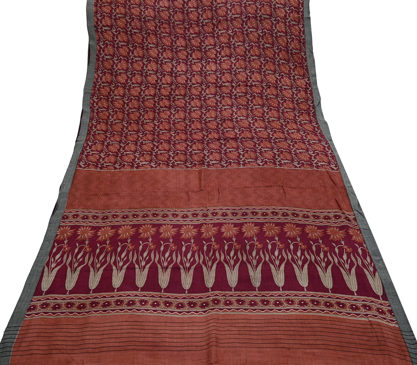 Vintage Maroon Brown Wool Saree Indian Pure Wool Floral Woven Fabric 5 Yard Soft Warm Craft Material for Winter Dressmaking & Sewing