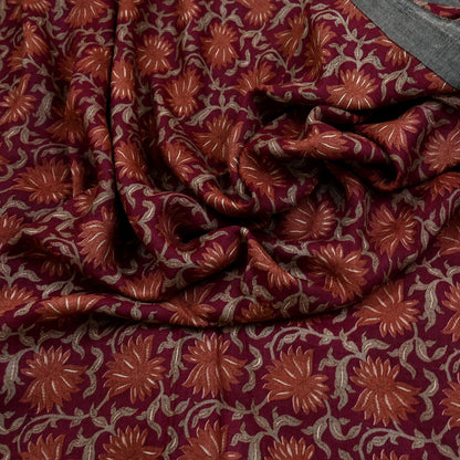 Vintage Maroon Brown Wool Saree Indian Pure Wool Floral Woven Fabric 5 Yard Soft Warm Craft Material for Winter Dressmaking & Sewing