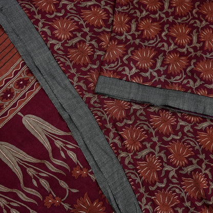 Vintage Maroon Brown Wool Saree Indian Pure Wool Floral Woven Fabric 5 Yard Soft Warm Craft Material for Winter Dressmaking & Sewing