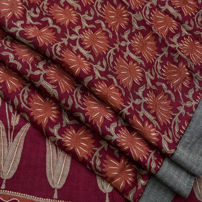 Vintage Maroon Brown Wool Saree Indian Pure Wool Floral Woven Fabric 5 Yard Soft Warm Craft Material for Winter Dressmaking & Sewing