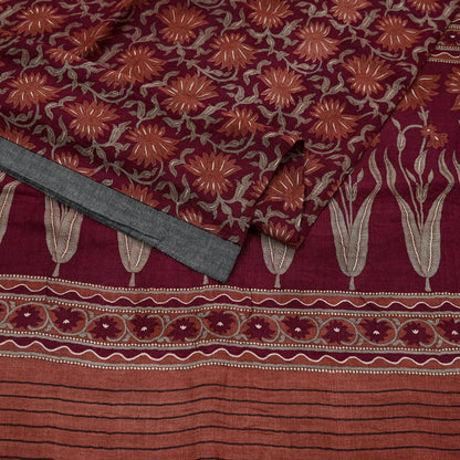 Vintage Maroon Brown Wool Saree Indian Pure Wool Floral Woven Fabric 5 Yard Soft Warm Craft Material for Winter Dressmaking & Sewing