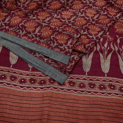 Vintage Maroon Brown Wool Saree Indian Pure Wool Floral Woven Fabric 5 Yard Soft Warm Craft Material for Winter Dressmaking & Sewing