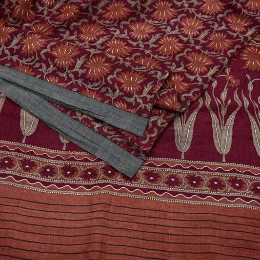 Vintage Maroon Brown Wool Saree Indian Pure Wool Floral Woven Fabric 5 Yard Soft Warm Craft Material for Winter Dressmaking & Sewing