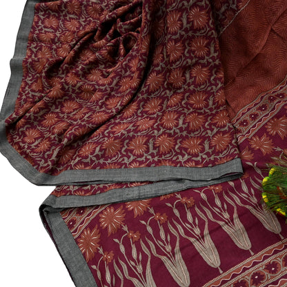 Vintage Maroon Brown Wool Saree Indian Pure Wool Floral Woven Fabric 5 Yard Soft Warm Craft Material for Winter Dressmaking & Sewing
