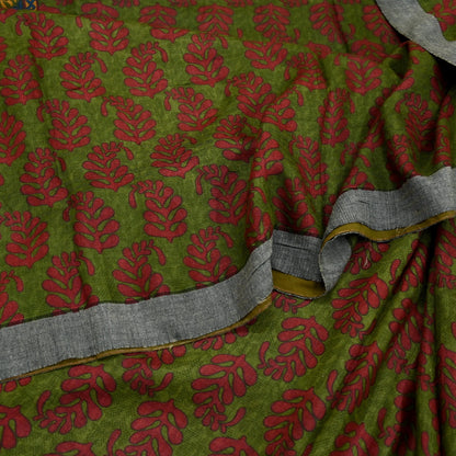 Vintage Green Wool Saree Indian Pure Wool Floral Woven Fabric 5 Yard Soft Warm Winter Textile for Dressmaking & Sewing Crafts