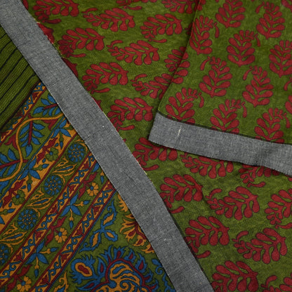 Vintage Green Wool Saree Indian Pure Wool Floral Woven Fabric 5 Yard Soft Warm Winter Textile for Dressmaking & Sewing Crafts