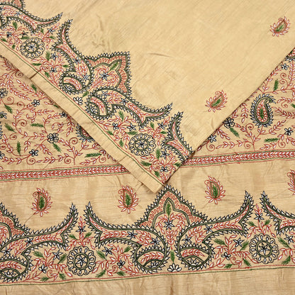 Indian Vintage Sari Beige Artificial Silk Hand Embroidered Sarees Craft Fabric 5yd Sewing Soft Dress Making Crafting Upcycle Quilting