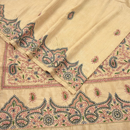 Indian Vintage Sari Beige Artificial Silk Hand Embroidered Sarees Craft Fabric 5yd Sewing Soft Dress Making Crafting Upcycle Quilting