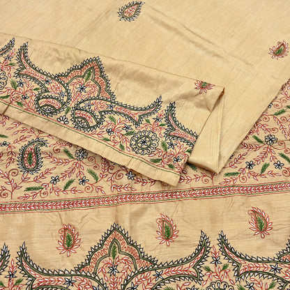 Indian Vintage Sari Beige Artificial Silk Hand Embroidered Sarees Craft Fabric 5yd Sewing Soft Dress Making Crafting Upcycle Quilting