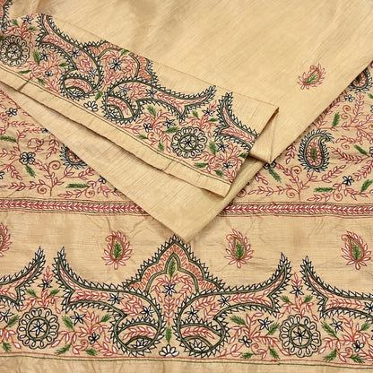 Indian Vintage Sari Beige Artificial Silk Hand Embroidered Sarees Craft Fabric 5yd Sewing Soft Dress Making Crafting Upcycle Quilting