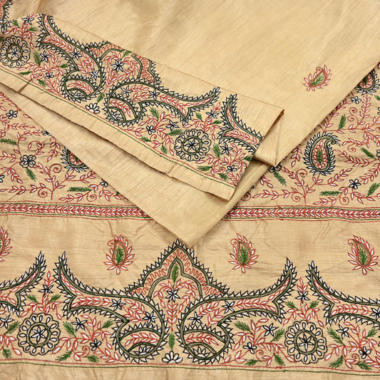 Indian Vintage Sari Beige Artificial Silk Hand Embroidered Sarees Craft Fabric 5yd Sewing Soft Dress Making Crafting Upcycle Quilting