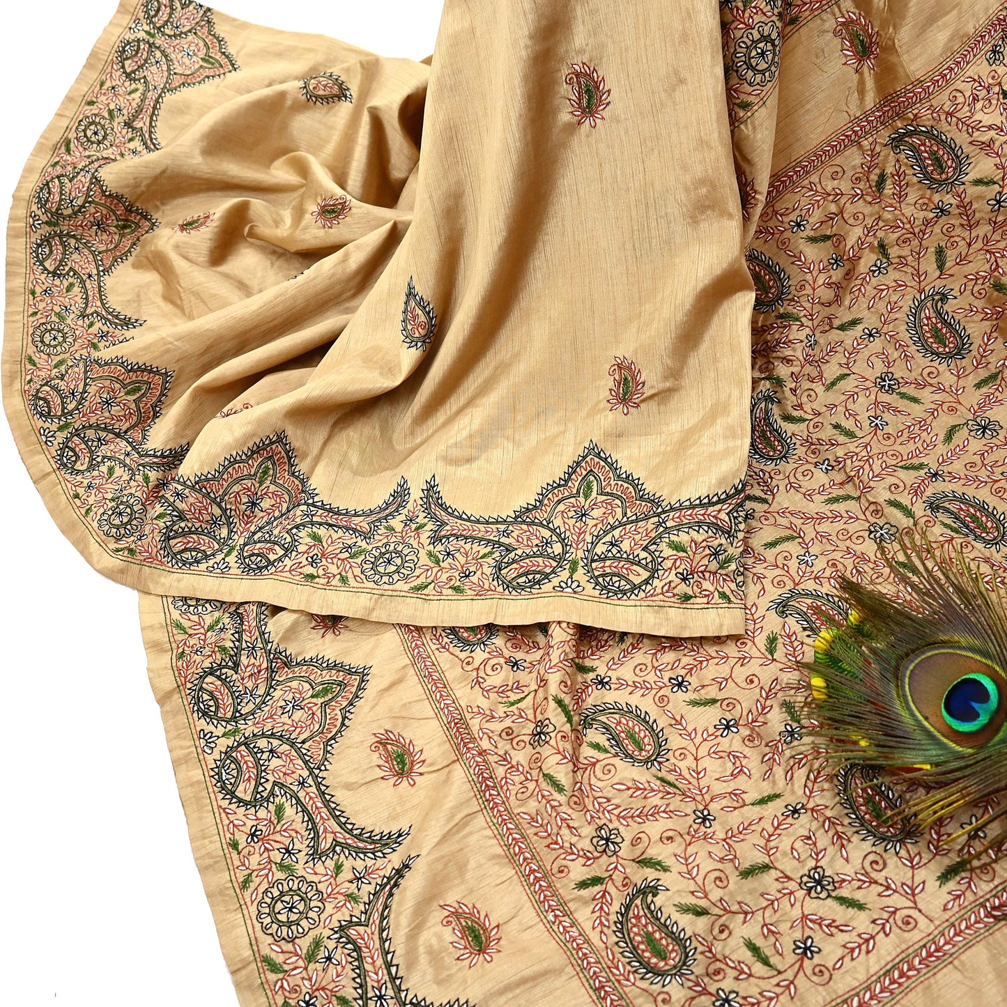 Indian Vintage Sari Beige Artificial Silk Hand Embroidered Sarees Craft Fabric 5yd Sewing Soft Dress Making Crafting Upcycle Quilting