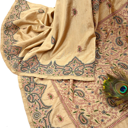 Indian Vintage Sari Beige Artificial Silk Hand Embroidered Sarees Craft Fabric 5yd Sewing Soft Dress Making Crafting Upcycle Quilting