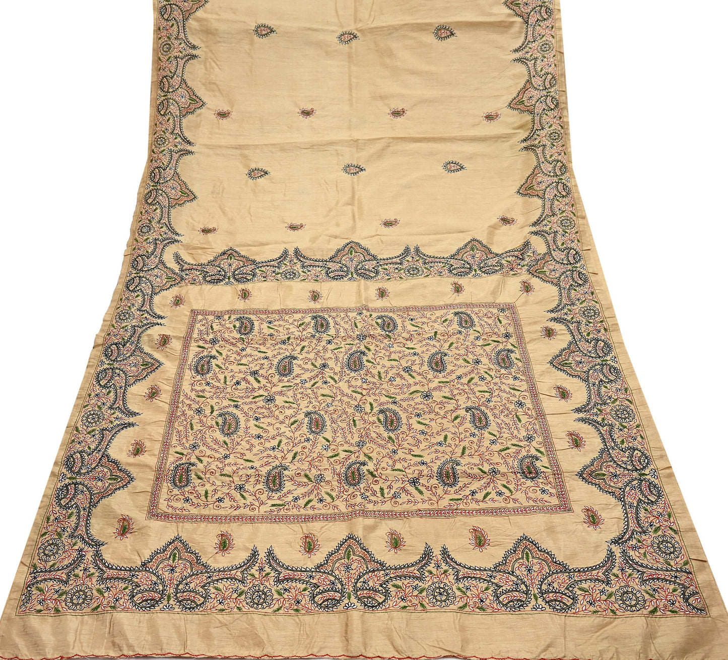 Indian Vintage Sari Beige Artificial Silk Hand Embroidered Sarees Craft Fabric 5yd Sewing Soft Dress Making Crafting Upcycle Quilting