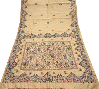 Indian Vintage Sari Beige Artificial Silk Hand Embroidered Sarees Craft Fabric 5yd Sewing Soft Dress Making Crafting Upcycle Quilting